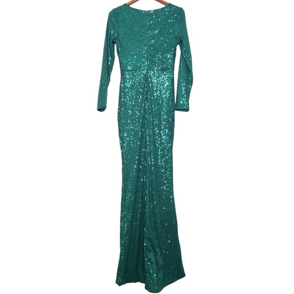 Gorgeous Dark Green Sequin Formal wrap Dress V-neck Long sleeve front Slit curve - Picture 8 of 11